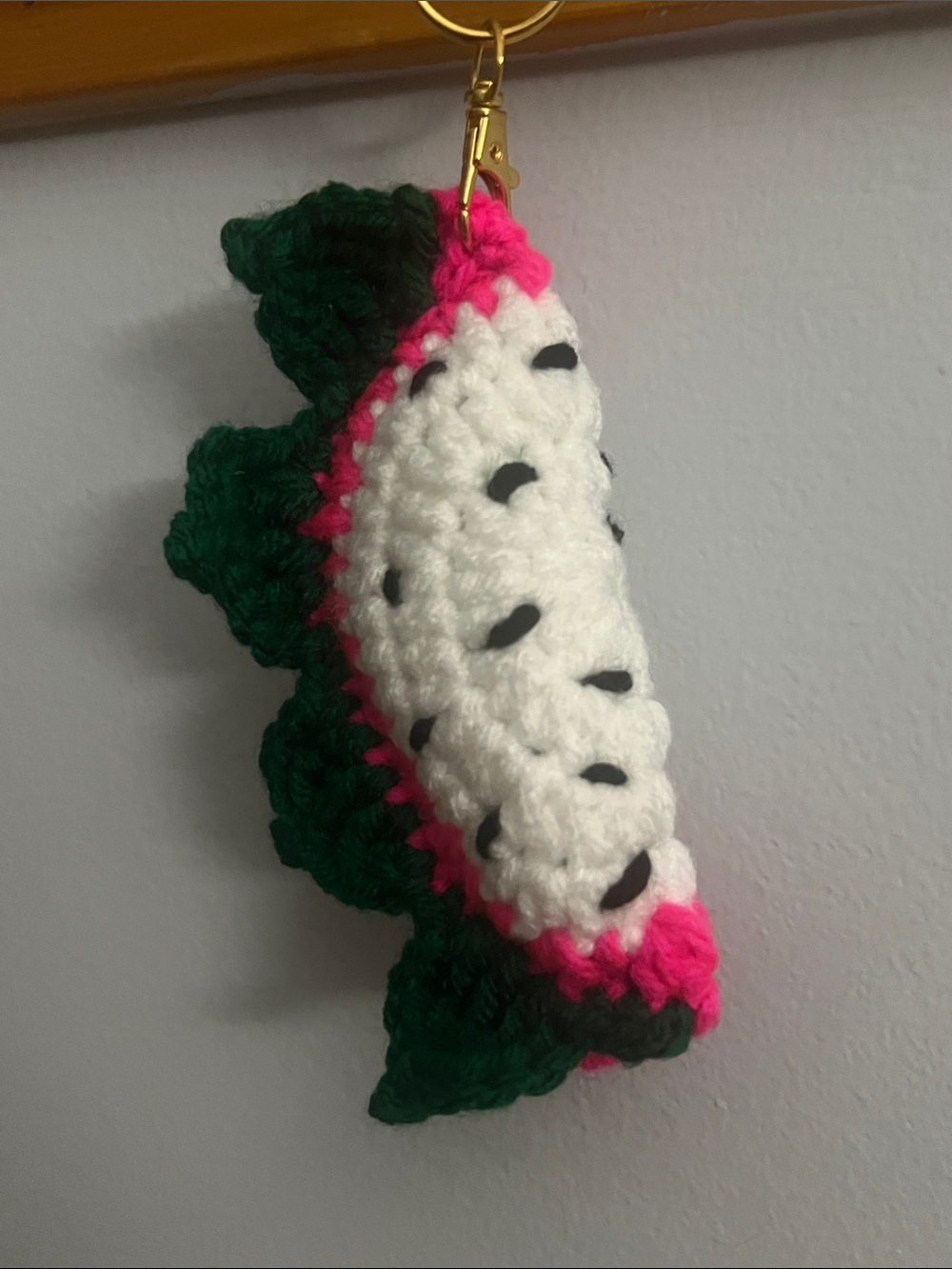 Handmade Crochet Fruit Keychain in White, Pink & Green